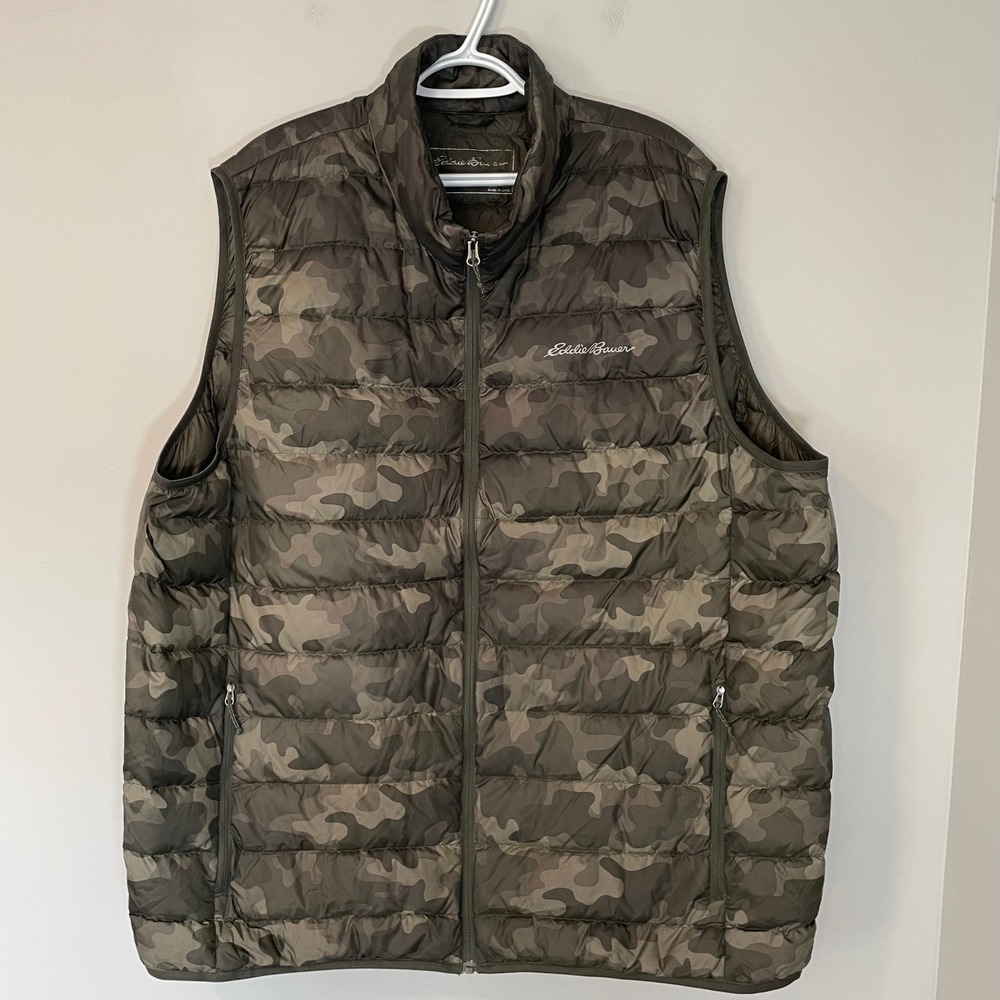 Eddie Bauer Mens Camo Down Puffer Vest Green Brown Full Zip Size T3XL Big Tall